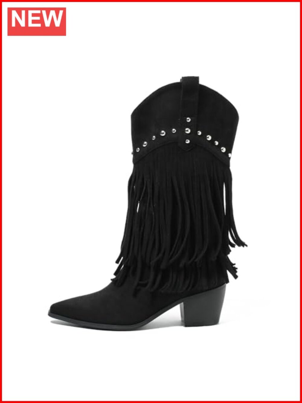 Synthetic Leather Mid-Calf Cowgirl Boots Studded Fringe Stacked Heel